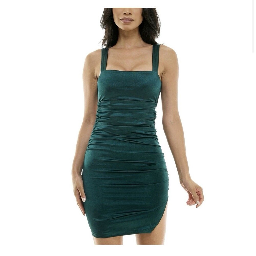 City Studios Women's Juniors' Green Ruched Tie-Back Bodycon Dress Size 11/12